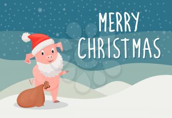 Merry Christmas holiday postcard with pink piggy in red hat and Santas beard holding big bag on the outdoor snowing land with snowflakes at night vector