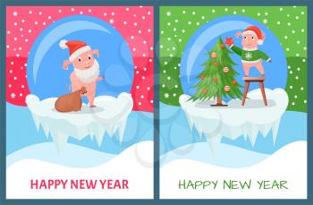 Happy New Year, pig decorating evergreen Christmas tree vector. Pine decorated with baubles and garlands. Piggy carrying bag with childrens presents