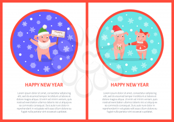 Happy New Year greeting in round frame, pig in Santa costume, zodiac symbolic animal. Piglet in beard and hat with greeting signboard, livestock vector