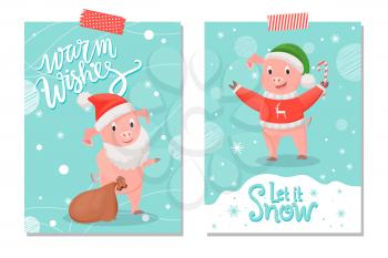 Let it snow and warm wishes postcards, pig in red sweater with reindeer, green hat and candy stick on background of snowflakes. Greeting card with lettering