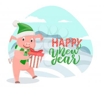 Greeting card pig wishing happy New Year and going to present gift box in decorative wrapping isolated. Piglet at wintertime snowy landscape, vector