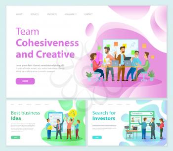 Team cohesiveness and creativity of workers vector. Teamwork successful decisions and solution, search for investors, business ideas of businessmen