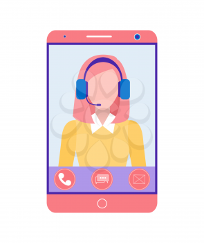 Phone operator, online support, gadget or mobile device screen. Smartphone monitor, woman in headphones, call center worker vector illustration isolated