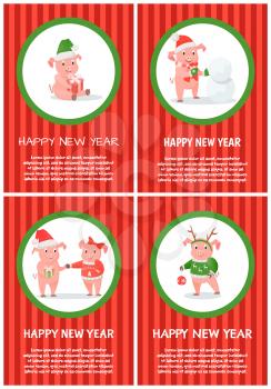 New Year of pig 2019 winter holiday festive postcard. Symbolic animal in clothes of Santa hat and scarf with mittens, snowman and Christmas gift box vector