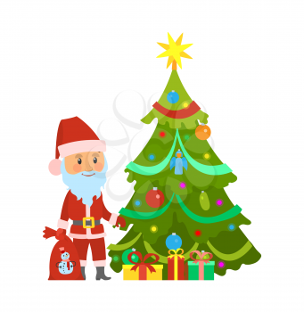 Christmas winter holidays, Santa Claus and decorated pine tree vector. Fir with garlands baubles, character holding sack with presents for children