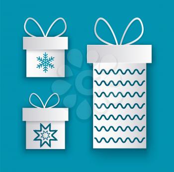 Present packages decorated by bow, New Year and Christmas packs isolated on blue. Greeting cards with wrapped gift boxes with snowflakes and waves