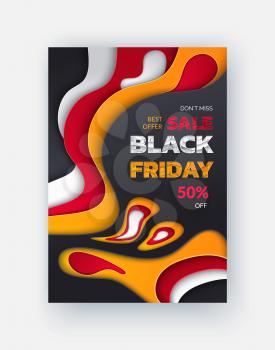 Special promo card with half price discount on Black Friday sale. Best offer, 50 percent price off leaflet with 3D backdrop in flat style, vector retail tag