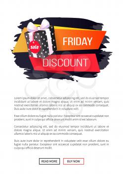 Friday discount price tag with dotted gift box, vector. Clearance at the end of weekend, purchase package on web poster with text, promotional card