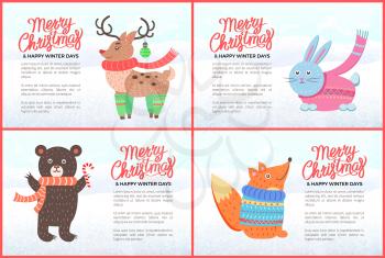 Merry Christmas and happy New Year, animals set on posters vector. Reindeer symbol of winter holiday, bunny and bear, fox wearing knitted sweater