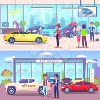 Car center buyer and manager, vehicle showroom vector. Dealer with client discussing test drive, automobile on sale. Customers in distribution shop