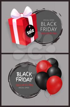 Black Friday sale, bunch of helium air balloons and gift box, wrapped in dotted paper, discounts vector. Special offer up to 70 percent off round labels