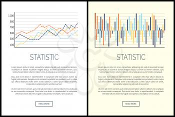 Statistics websites, charts and infographics set vector. Poster with text sample, schemes falling and rising results data. Flowcharts and explanation