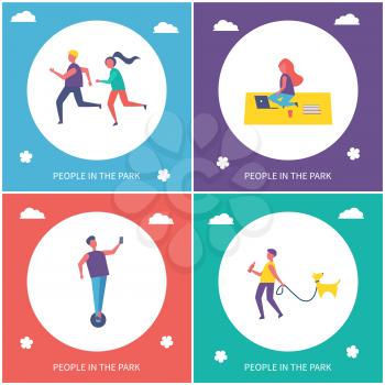 Teens having rest and active leisure in park vector cartoon banners set. Couple running and jogging and boy riding on unicycle, guy with dog on leash