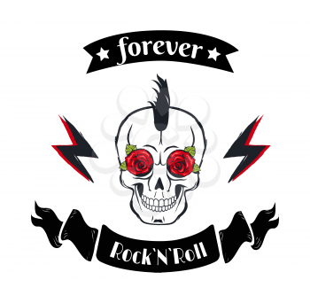Forever rock-n-roll badge with skull having punk hairstyle and eyes in form of roses. Electric bolts black ribbons with stars vector illustration