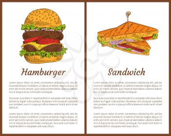 Hamburger and roasted sandwich made of bread, cheese and meat. Posters set fast food various traditional fatty dishes and text vector illustration