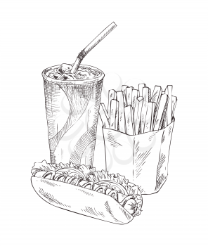 Soft drink in plastic cup monochrome sketches outline. French fries in package, hot dog made of fresh bun and sausage, vegetables vector illustration