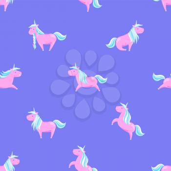 Girlish pink unicorns with mane and sharp horns seamless pattern. Mysterious horse from fairy tales, childish animal character vector wallpaper design