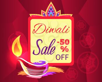 Diwali sale -50 off sign with festive candle on burgundy background. Vector illustration with discount dedicated to festival of lights with burning lamp