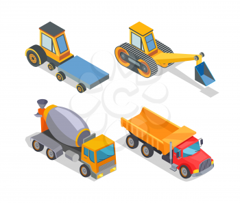 Construction machines icons, working devices set isolated icons vector. Cement mixer, truck with cabin to transport material. Excavator bulldozer