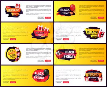 Black friday discounts and special offers web pages set vector. Balloon and basket with presents, clearance and promotion, exclusive products sellout