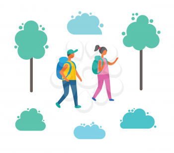 Couple man and woman with backpacks walking among green trees and bushes. Cartoon people in hiking tour, vector tourists with rucksacks, girl and boy together