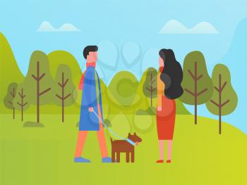 Man and woman spending time outdoors vector. Couple walking with dog, park with green lawns and grass, trees and foliage. Nature in summer and spring