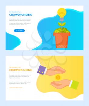 Crowdfunding web set, money tree with bulb and dollars, hands and coin. Cash presentation or payment online, investment business technology vector. Website or webpage template, landing page flat style
