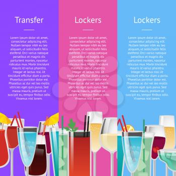 Transfer and lockers hotel services advert with alcoholic cocktails in festive glasses. Vector illustration with drinks on colorful background