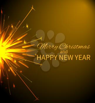 Merry Christmas and happy New Year poster, headline and fire produced by Bengal light, vector illustration isolated on gold and black background