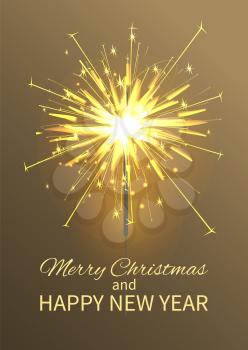 Merry Christmas and happy New Year poster, headline and fire produced by Bengal light, vector illustration isolated on gold and black background
