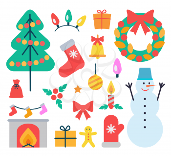 Christmas elements set of icons of evergreen tree with garland, snowman and gingerbread man, fireplace and socks, presents vector illustration