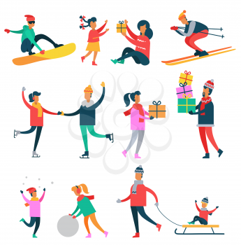 Wintertime icons collection, people and activities, gift and presents, skiing and skating, sled and kid, snowball and family vector illustration