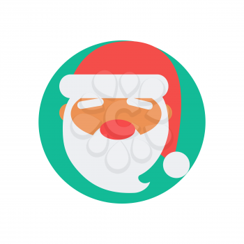 Santa Claus icon, Christmas character with long white beard and smile on his face, traditional red hat and circle, isolated on vector illustration