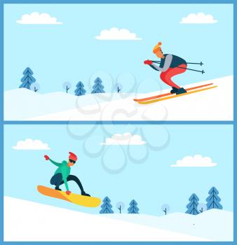 Skier and snowboarder, set of posters with men wearing warm clothes doing winter activities, outdoors sport, trees and snow vector illustration