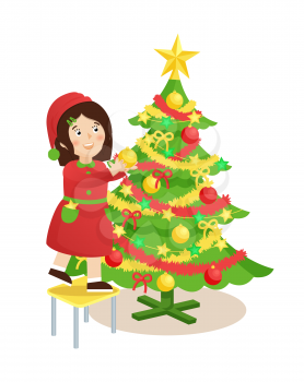 Girl decorating evergreen Christmas tree, pine with tinsel, star on top and balls and ribbons on branches, female on stool vector illustration