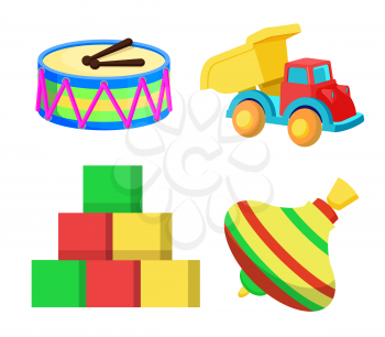 Toys collection created at Santa Claus factory, cubes and whirlabout of different colors, van and drums for children to play with vector illustration