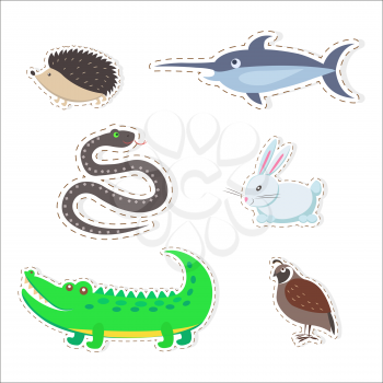 Stickers and icons set of cute wild and domestic animals - Partridge, snake, swordfish, crocodile, hare, hedgehog isolated flat vectors. Bird, mammals, fish and reptiles illustrations outlined with dotted line