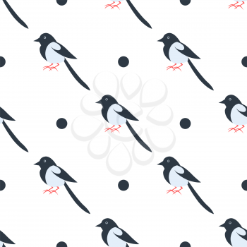 Cartoon magpie seamless pattern with dots. Black and white bird with rosy paws and long tail endless texture. Vector illustration of wildlife flying character, wallpaper wrapping paper design