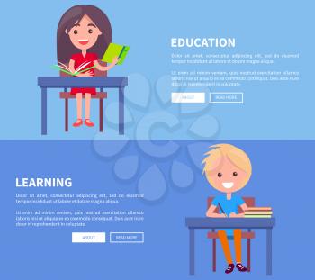 Education learning set of posters with boy and girl sitting at table with book, writing in copybook, happy schoolchildren at lessons vector illustrations
