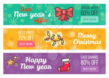Set of sale cards buy now special offer best price, vector illustrations with red bow, garland and red gift boot isolated on colorful backgrounds