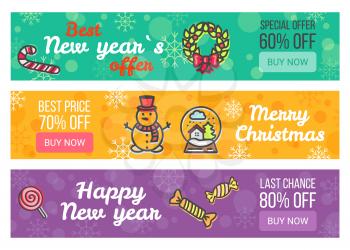 Color sale banners New Year special offer buy bow vector illustration with Christmas wreath with red bow, yellow snowman, glass bowl and yummy sweets