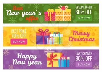 Colorful set of sale banners best price buy now vector illustration with beautiful gift boxes with color ribbons and bows isolated on snowy backgrounds