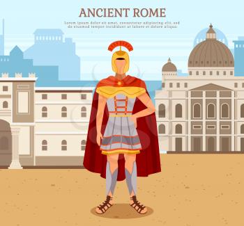 Ancient warrior gladiator near roman building in city square, antique culture vector poster. Italian landmark, old construction, legionary. Traditional historical character and landscape ancient times