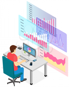 Man estimates statistical indicators on presentation with charts and graphs, marketing concept. Businessman seller watching sales statistics in laptop. The buyer analyzes price of goods on graph