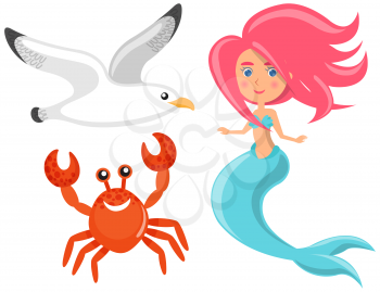 Beautiful mermaid, red crab and seagull smile and live by sea. Pretty girl with fish tail and long pink hair. Cartoon nautical characters on white background. Underwater life of ocean creature