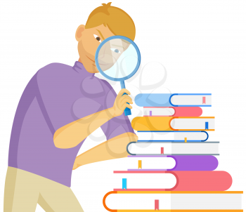 Male chatacter using magnifying glass looking at stack of books, person with loupe isolated on white background. Student, businessman in search, carefully examines details. Marketing research
