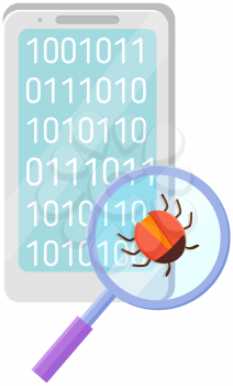 Computer bug in magnifying glass. Sign for mobile concept and web design. Smartphone virus simple logo illustration. Antivirus web protection and computer security concept. Error, bug or scam detected