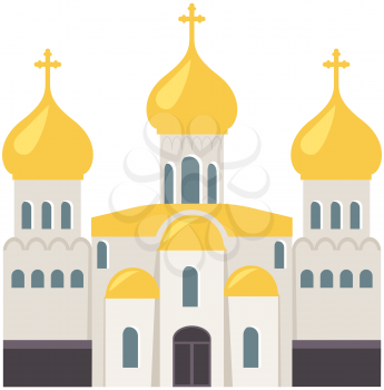 Old Orthodox Church isolated on white background. Temple vector classic cathedral illustration. Religious building in style of ancient architecture, traditional prayer house, dome with cross on roof