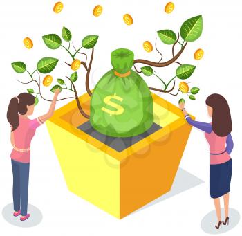 Wealth management isometric composition with money tree in pot growing cash coins. Women harvest from money tree with banknotes. Plant to attract income, finance. Growing dollar bills and gold coins