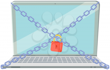 Laptop computer are bound with chains and locked with padlock flat style. Computer security concept. Protection of personal digital data from penetration of strangers. information security on network